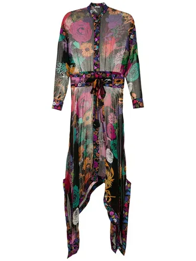 Amir Slama Floral Print Silk Long Dress In Black