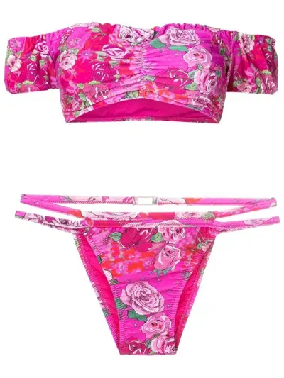 Amir Slama Off-shoulder Floral-print Bikini In Pink