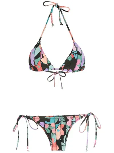 Amir Slama Print Hibiscus Bikini Set In Black