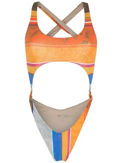 Amir Slama Striped Print Eco High-leg Swimsuit In Multicolour