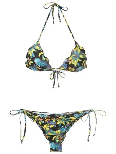 Amir Slama Tropical-print Ruffle Triangle Bikini In Black