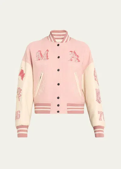 Amiri Angel Applique Varsity Jacket In Heather Pink