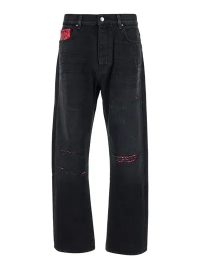 Amiri Black Jeans With Rips And Bandana Detail In Denim Man