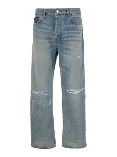 Amiri Light Blue Jeans With Rips And Bandana Detail In Denim Man