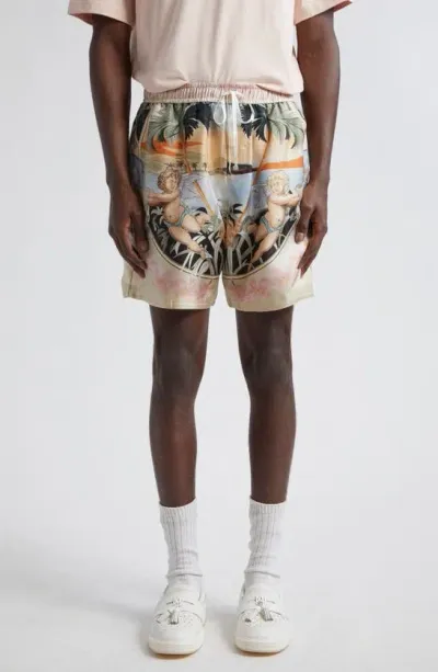 Amiri Cherub Print Silk Twill Shorts In Neutral