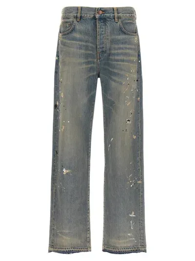 Amiri Paint Splatter Printed Straight Leg Jeans In Light Blue