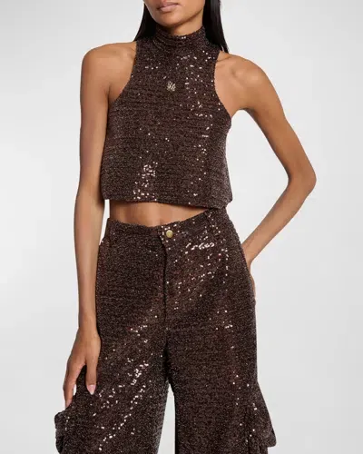 Amiri Sequined Halter Crop Top In Brown