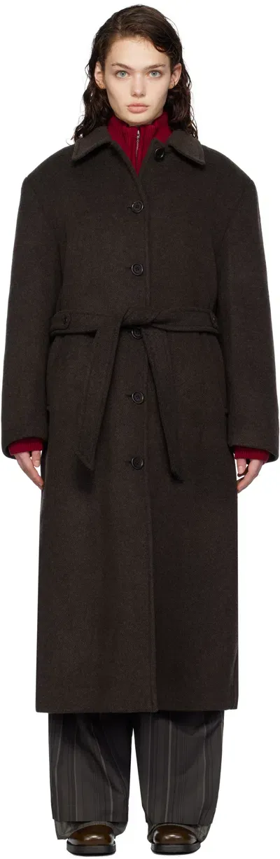 Amomento Brown Single-breasted Maxi Long Coat In Dark Brown