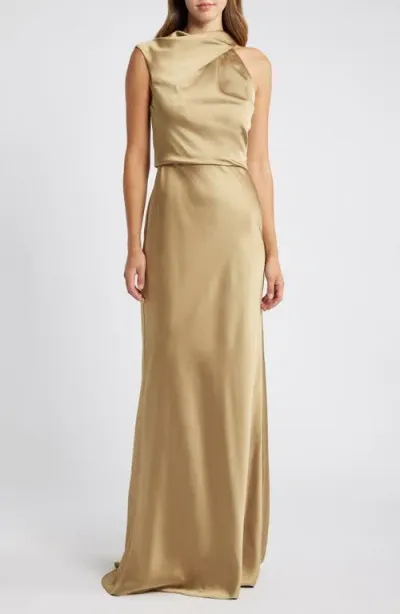 Amsale Asymmetric Neck Satin Gown In Gold