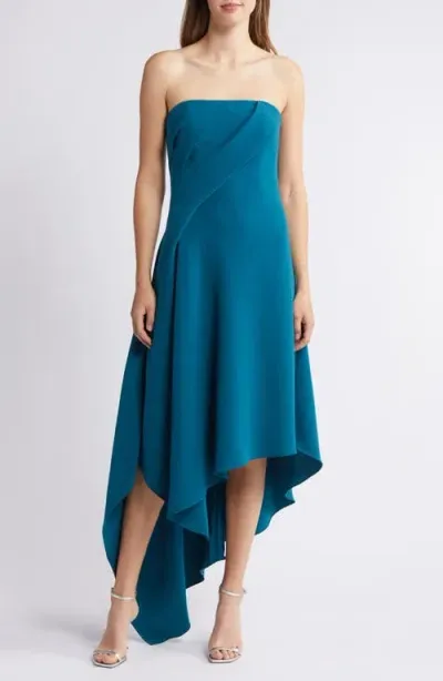 Amsale Asymmetric Strapless Cocktail Dress In Teal