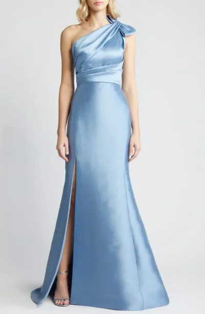 Amsale Bow Detail One-shoulder Mikado Mermaid Gown In Smokey Blue