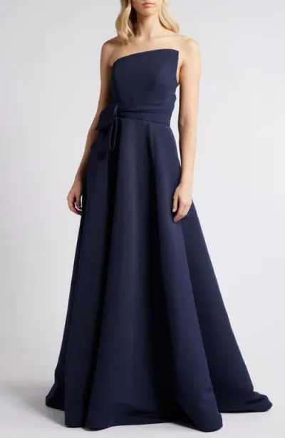 Amsale Bow Detail Strapless Ballgown In Navy