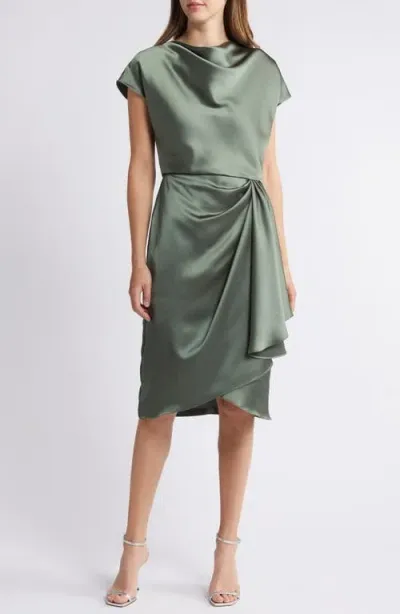 Amsale Cowl Neck Satin Sheath Dress In Olive