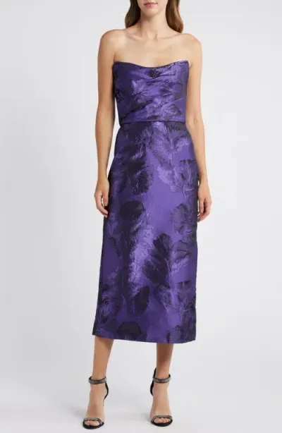 Amsale Floral Jacquard Strapless Column Gown In Purple/black