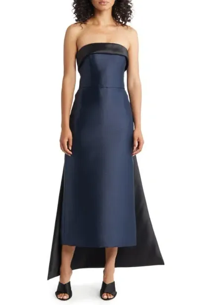 Amsale Strapless Satin Gown In Navy/black