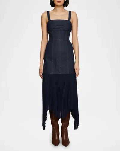 Amur Jac Denim Combo Midi Dress In Indigo Denim