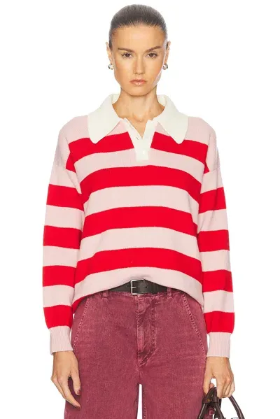 And-daughter Edith Stripe Polo Sweater In Nymph Pink & Poppy Red