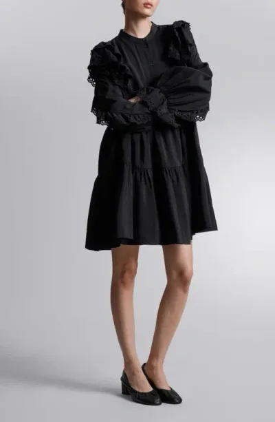 & Other Stories Eyelet Ruffle Long Sleeve Mini Shirtdress In Black Dark