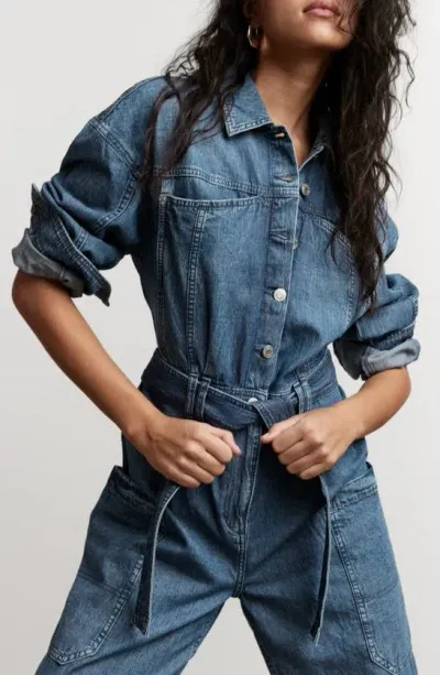 & Other Stories Long Sleeve Denim Jumpsuit In Blue Medium