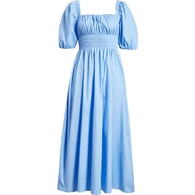 & Other Stories Smocked Puff Sleeve Midi Dress In Blue Light