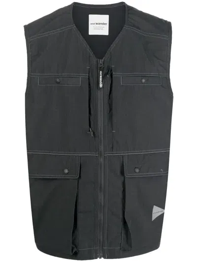 And Wander Contrast Stitching Zip-up Gilet In Grey