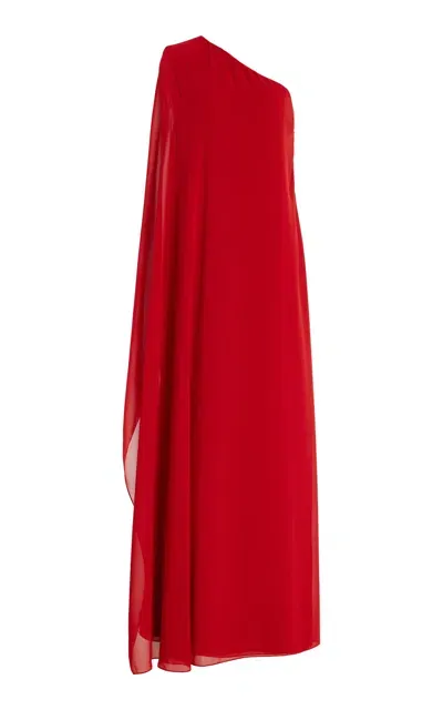 Andres Otalora Asymmetric Georgette Maxi Cape Dress In Red