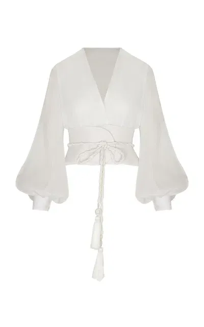 Andres Otalora La Postale Belted Linen Balloon Sleeve Top In Off-white