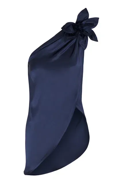 Andres Otalora Me Notas Asymmetric Silk Charmeuse Top In Navy