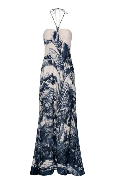 Andres Otalora Meu Sol Printed Linen-blend Maxi Dress In Navy