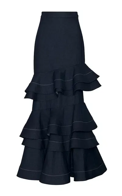 Andres Otalora Mi Memoria Ruffled Denim Maxi Skirt In Dark Wash