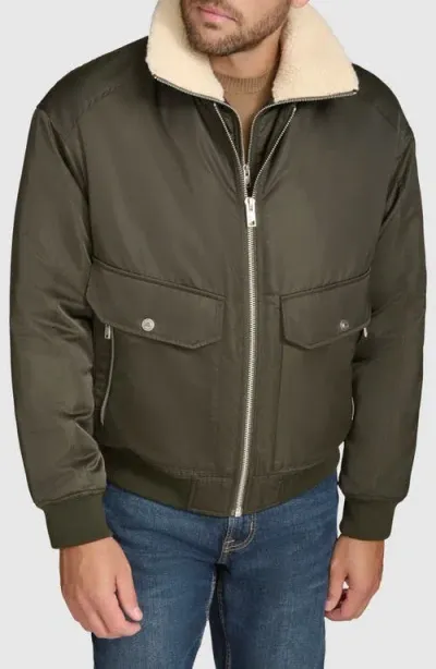 Andrew Marc Flight Satin Aviator Jacket With Removable Bib In Olive