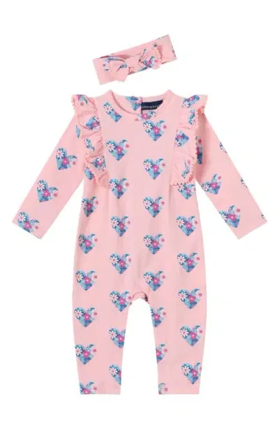 Andy & Evan Babies'  Heart Print Cotton Romper & Headband Set In Pink