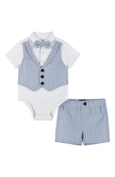 Andy & Evan Babies'  Stripe Short Sleeve Button-up Chambray Bodysuit, Shorts & Bow Tie Set