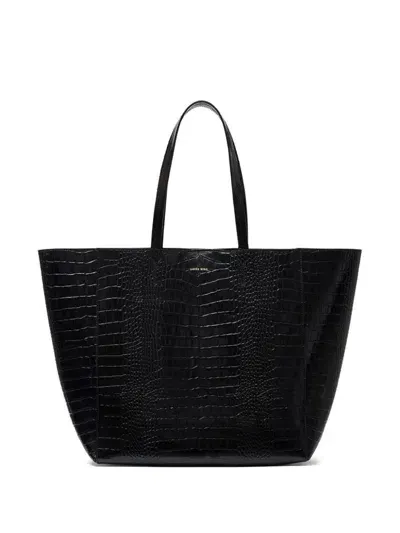 Anine Bing Elly Croc Embossed Leather Tote Bag In Black