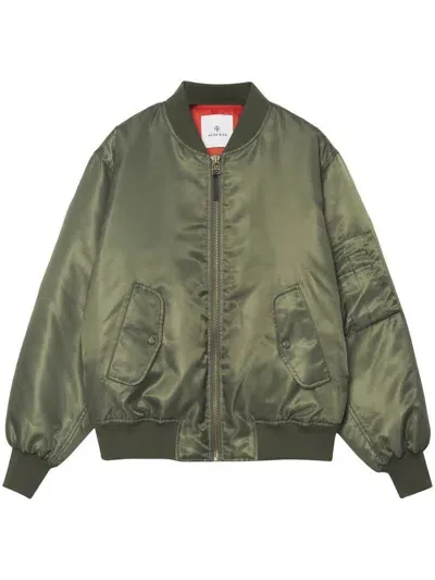 Anine Bing Leon Satin Bomber Jacket In Dark Green