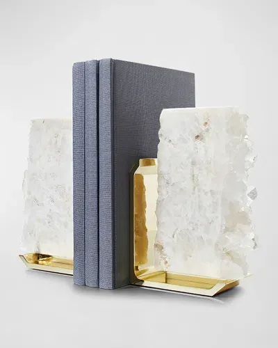 Anna New York Fim Geo Quartz And Aluminum Bookends In Grey Marble&amp;gold