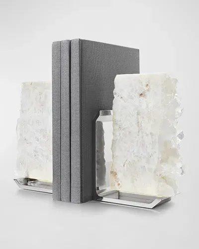 Anna New York Fim Geo Quartz And Aluminum Bookends In Grey Marble&amp;silver