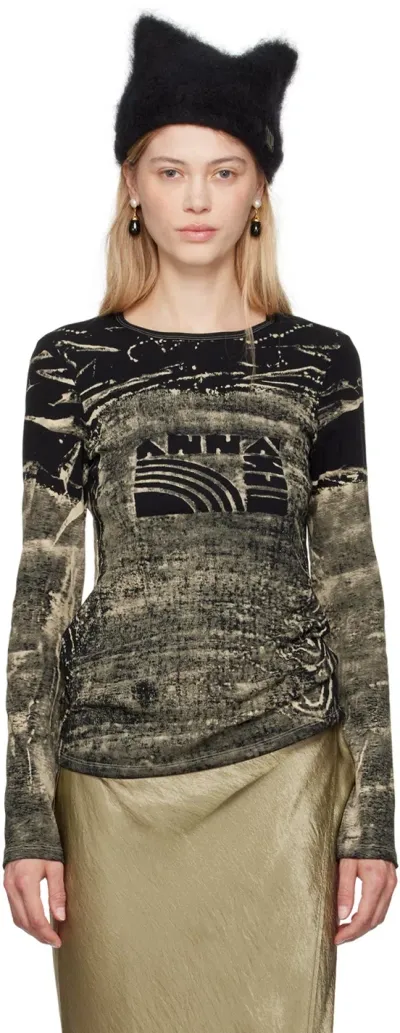 Anna Sui Black & Khaki Bleached '' Long Sleeve T-shirt In Bleach/black