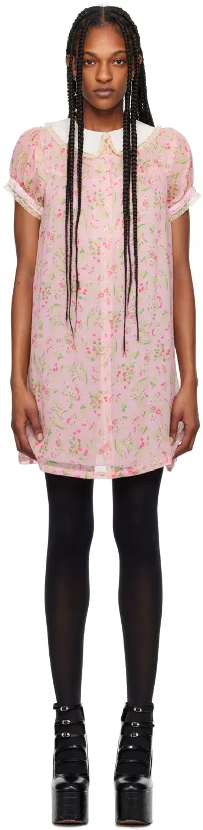 Anna Sui Pink Arcadia Blossom Babydoll Minidress In Powder Pink Multi