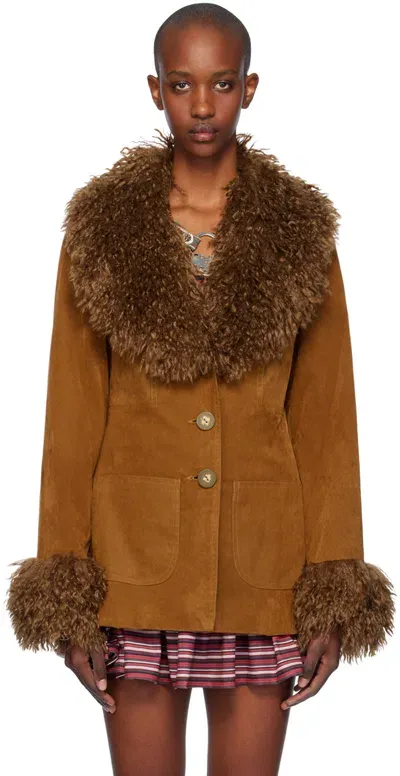 Anna Sui Tan Faux-fur Trimmed Faux-suede Jacket In Cinnamon Multi