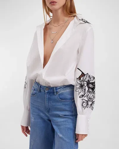 Anne Fontaine Leonie Floral-embroidered Cotton Poplin Shirt In Black &amp; White