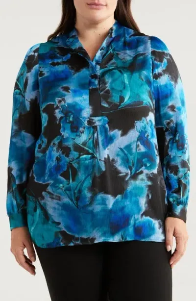 Anne Klein Abstract Floral Textured Tunic In Anne Black Multi