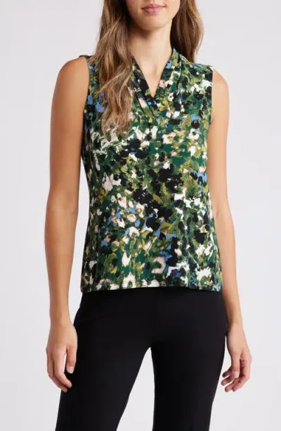 Anne Klein Abstract Floral Triple Pleat Sleeveless Top In Pine Forest Multi