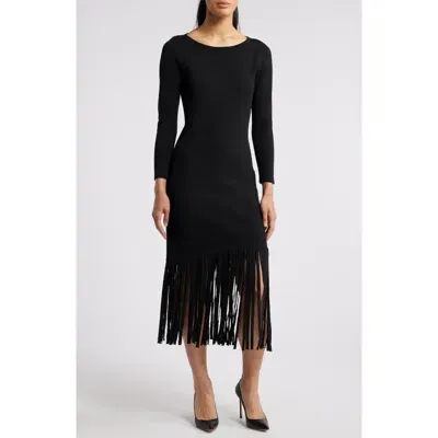 Anne Klein Asymmetric Fringe Long Sleeve Dress In Anne Black