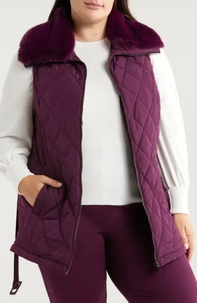 Anne Klein Belted Quilted Faux Fur Collar Vest In Deep Plum