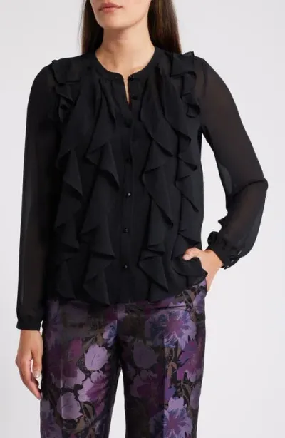 Anne Klein Cascade Ruffle Chiffon Button-up Shirt In Anne Black