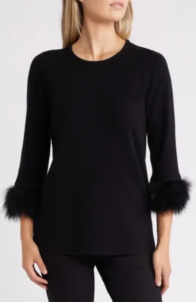 Anne Klein Faux Fur Trim Sweater In Anne Black