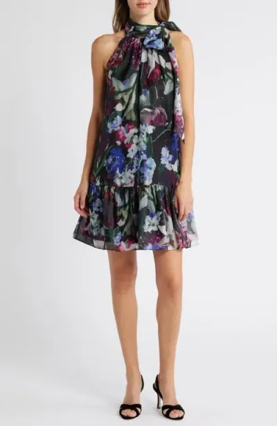 Anne Klein Floral Bow Accent Tiered Dress In Anne Black Multi (9xo)