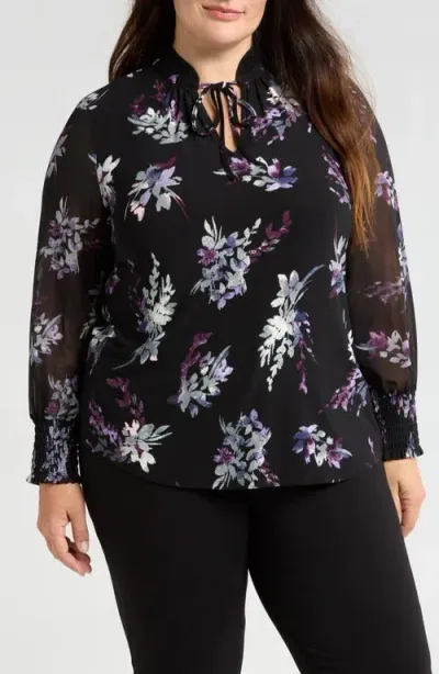 Anne Klein Floral Pleat Neck Chiffon Sleeve Top In Anne Black