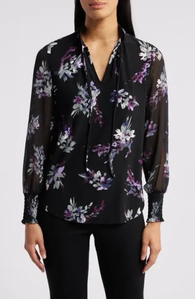 Anne Klein Floral Pleat Neck Chiffon Sleeve Top In Anne Black Multi